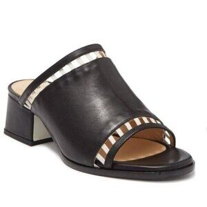 Sylven 39 Sage Cutout Trim Mule Black White Leather Block Heel Slip On Sandals